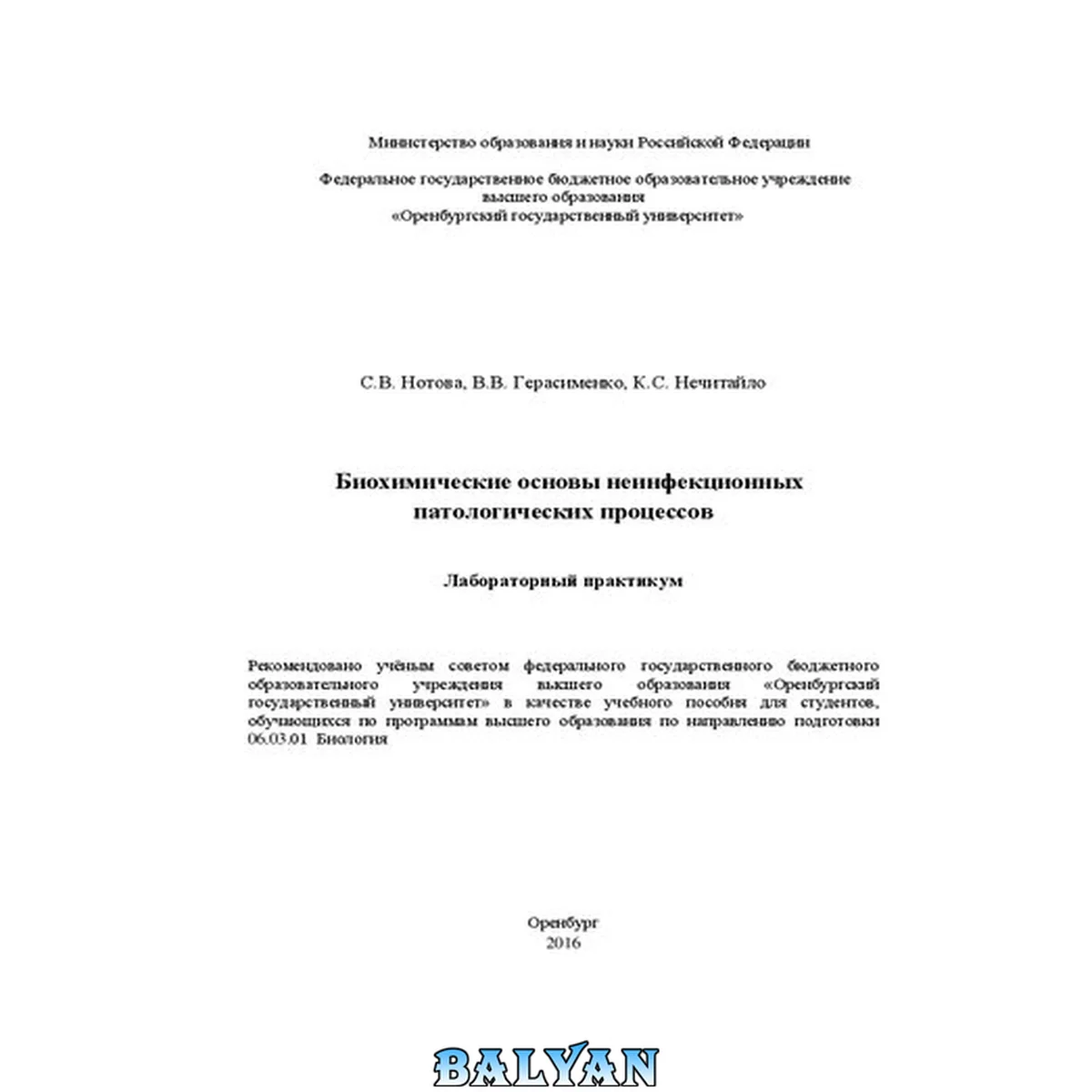 جلد کتاب Биохимические основы неинфекционных патологических процессов: лабораторный практикум