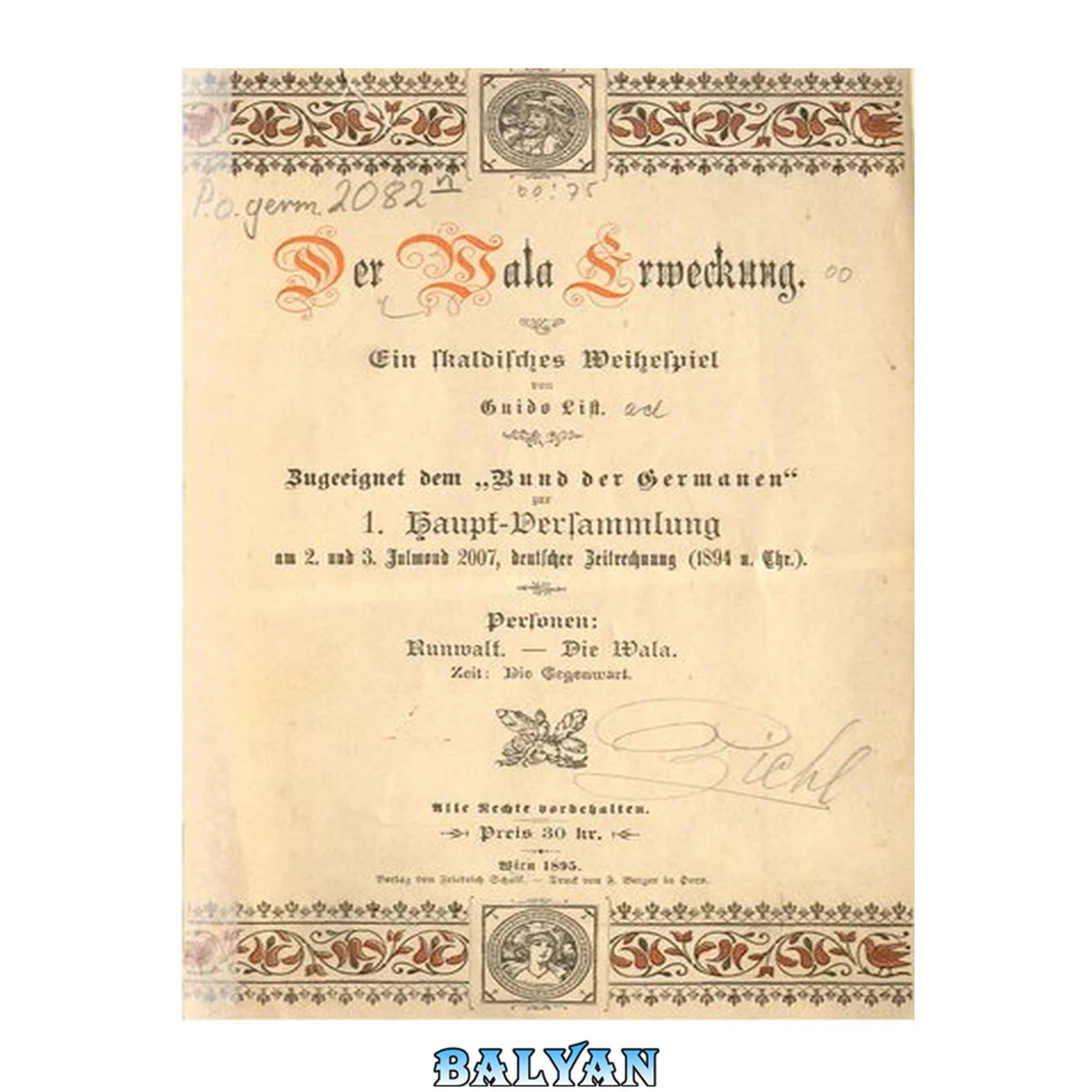 جلد کتاب Der Wala Erweckung ; zugeeignet dem "Bund der Germanen" am 2. und 3. Julmond 2007, deutscher Zeitrechnung (1894 n. Chr.)