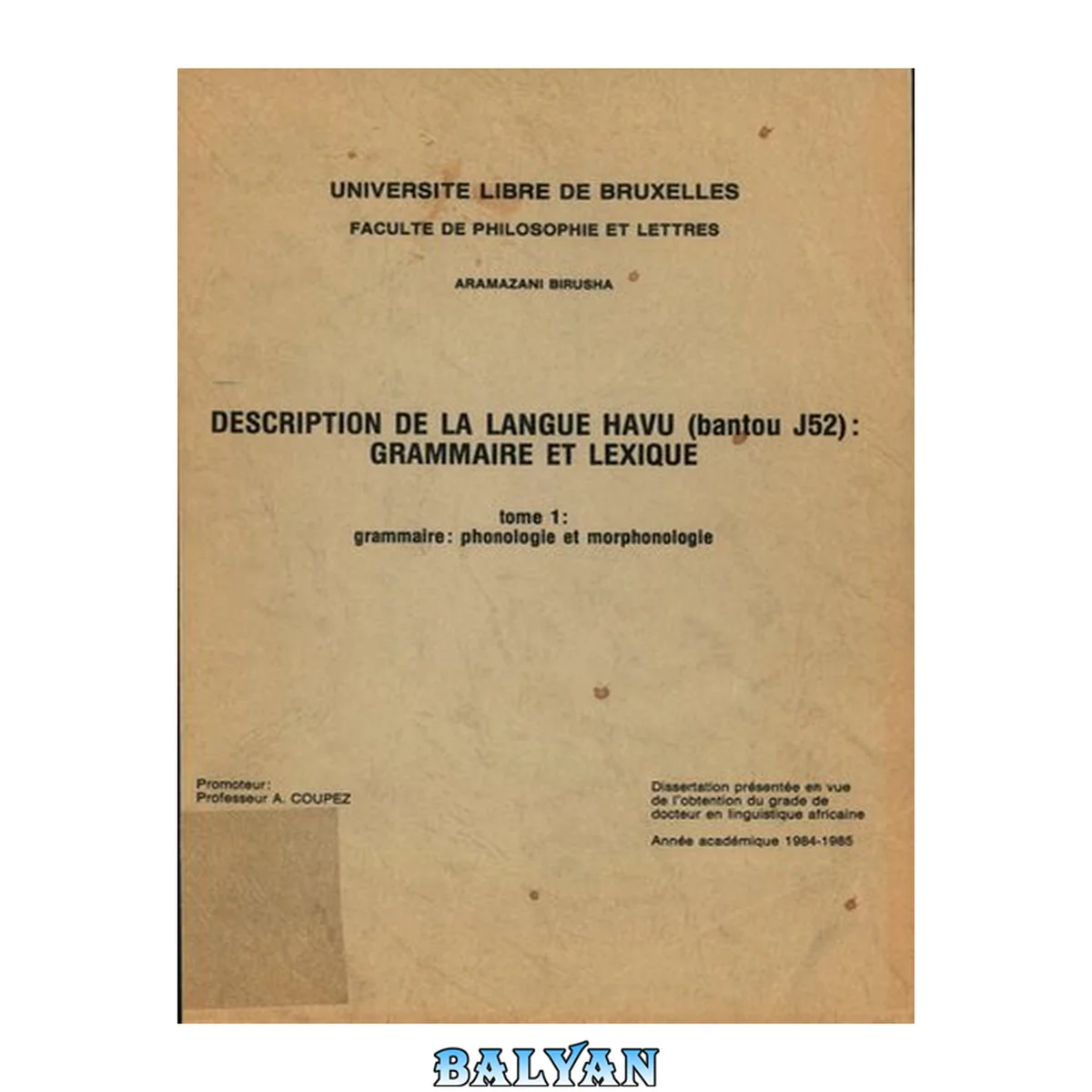 جلد کتاب Description de la langue Havu (bantou j52): grammaire et lexique - tome 1 : grammaire: phonologie et morphonologie