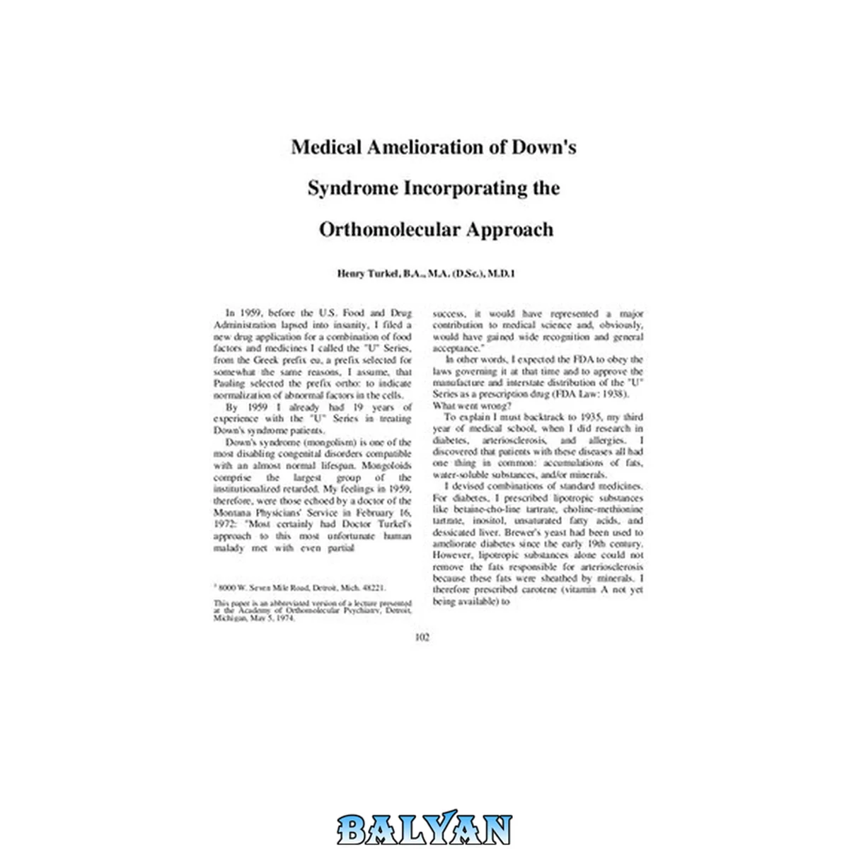 جلد کتاب Dr Henry Turkel 1974 Paper: Medical Amelioration of Down's Syndrome Incorporating the Orthomolecular Vitamins Minerals Approach