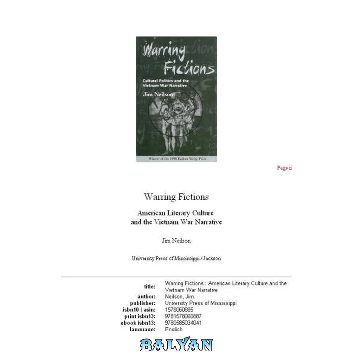جلد کتاب Warring fictions : American literary culture and the Vietname War narrative