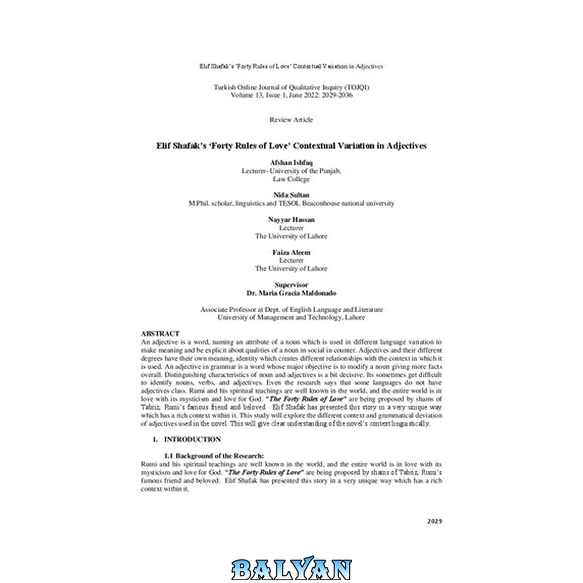 جلد کتاب Elif Shafak’s ‘Forty Rules of Love’ Contextual Variation in Adjectives Turkish Online Journal of Qualitative Inquiry (TOJQI) Volume 13, Issue 1,