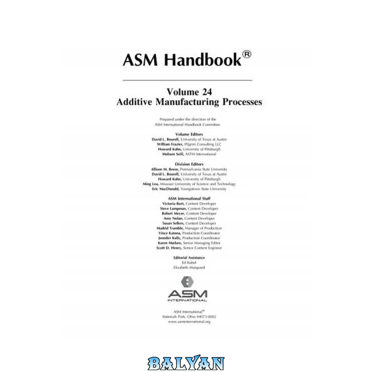 جلد کتاب ASM Handbook, Volume 24: Additive Manufacturing Processes