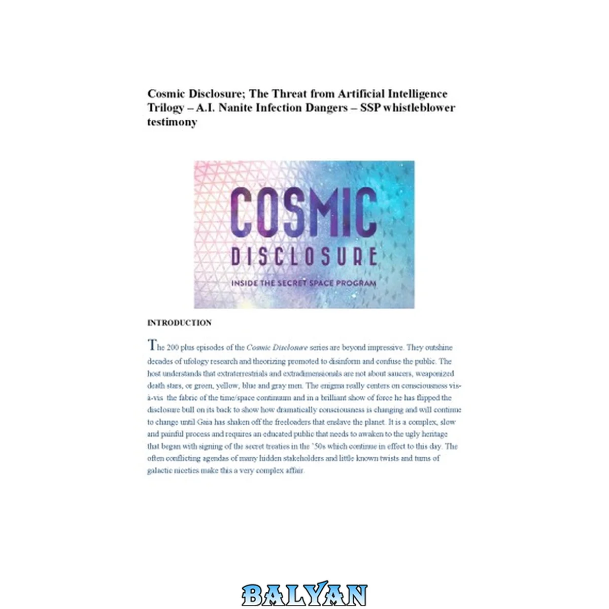 جلد کتاب Cosmic Disclosure; The Threat from Artificial Intelligence Trilogy – A.I. Nanite Infection Dangers – SSP whistleblower testimony