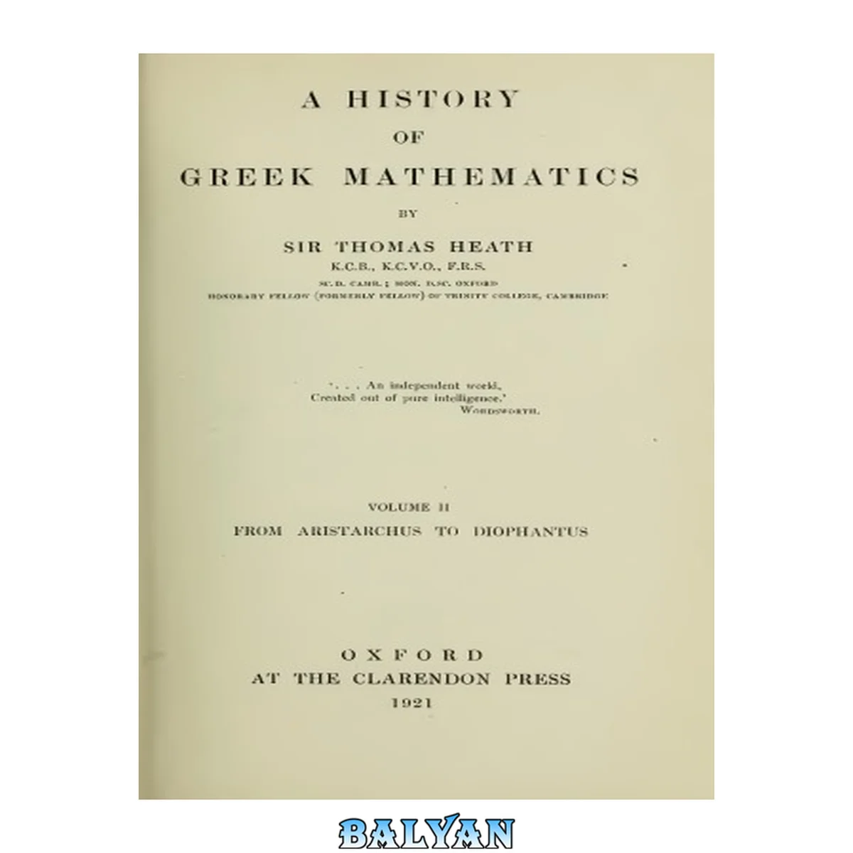 جلد کتاب A history of Greek mathematics Vol.II from Aristarchus to Diophantus