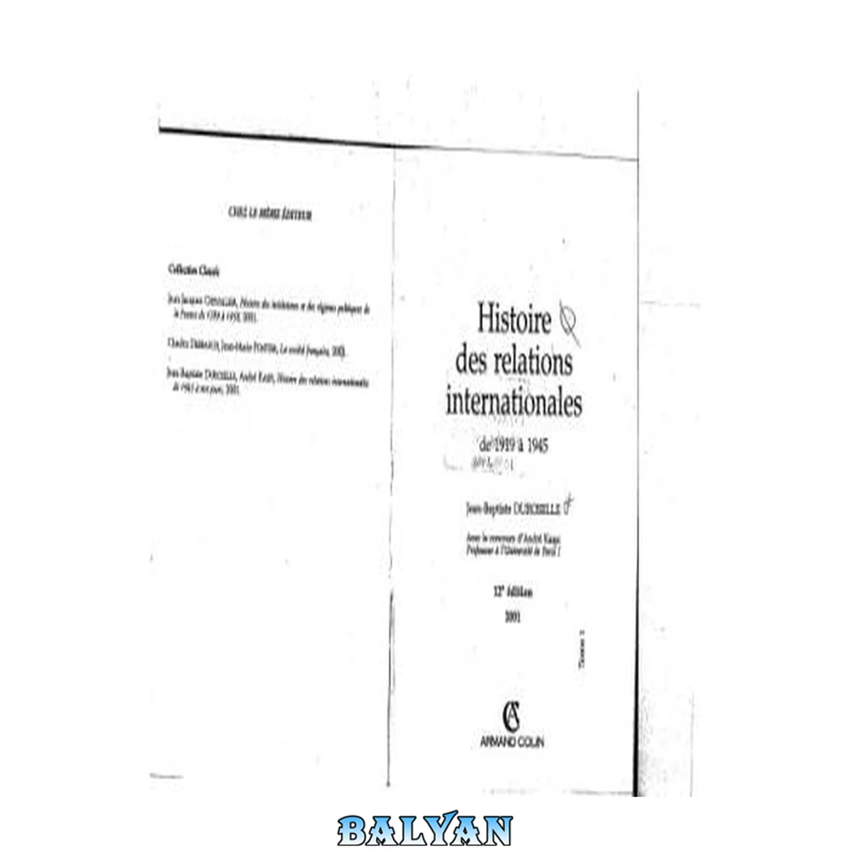 جلد کتاب Histoire des relations internationales de 1919 à 1945 1