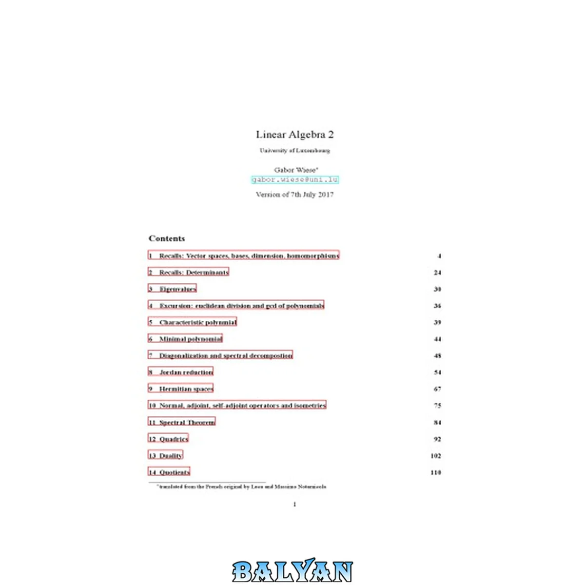 جلد کتاب Linear Algebra 2 [Lecture notes]