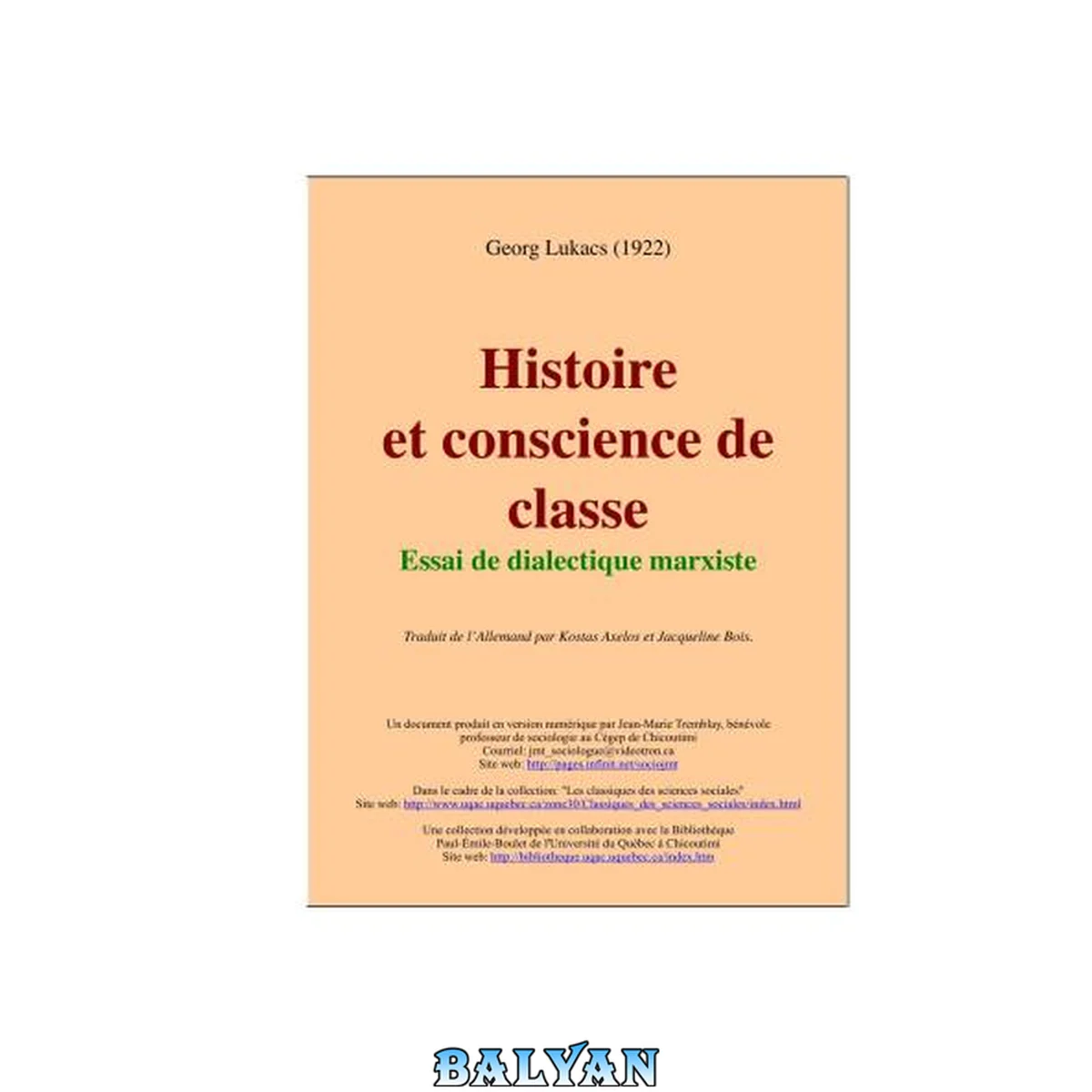جلد کتاب Histoire et conscience de classe: Essai de dialectique marxiste