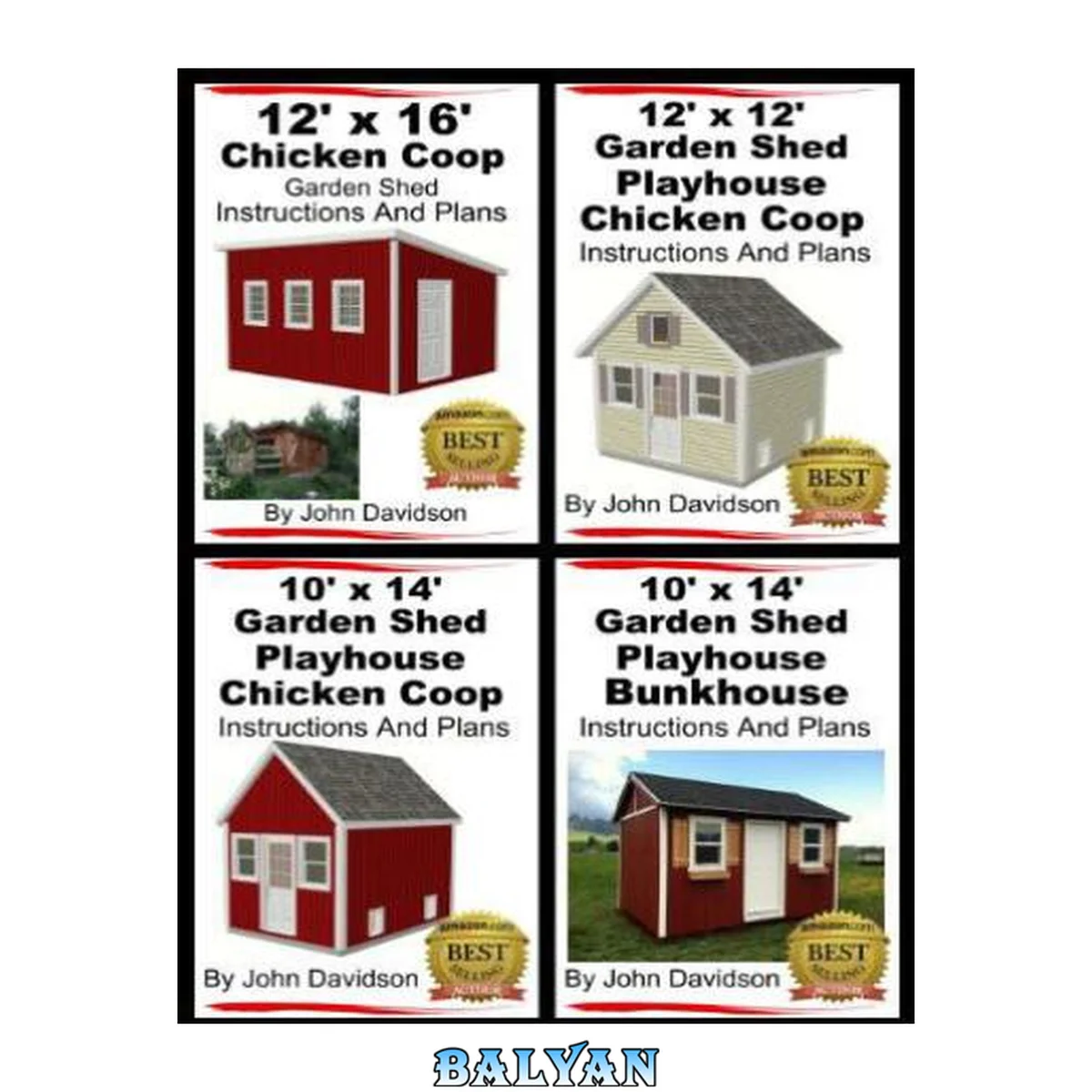 جلد کتاب 4 Garden Shed Plan Books 10' X 14', 12' X 16', 12' X 12', 10' X 14' Step by Step Pictures, Videos, Instructions and Plans