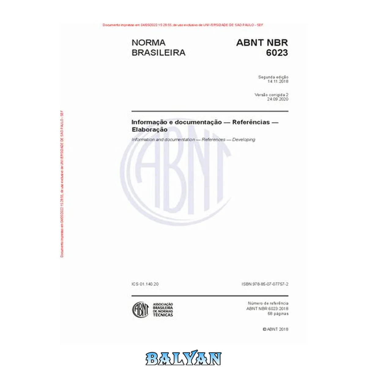 جلد کتاب [ABNT NBR 6023:2018] Informação e documentação - Referências - Elaboração - Versão corrigida 2