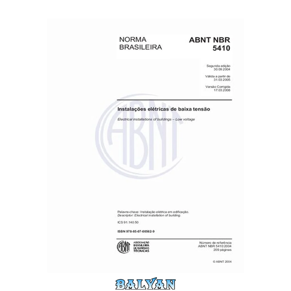 جلد کتاب [ABNT NBR 5410:2004 Versão Corrigida: 2008] Instalações elétricas de baixa tensão ABNT NBR 5410:2004