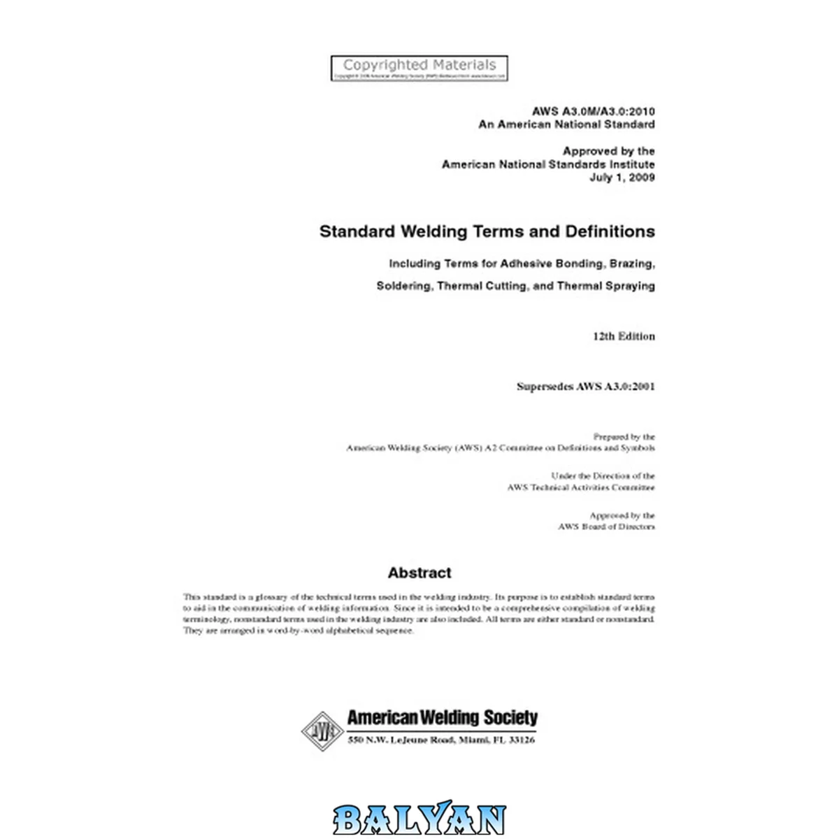 جلد کتاب A3.0M/A3.0: 2010 Standard Welding Terms and Definitions including Terms for Adhesive Bonding, Brazing, Soldering, Thermal Cutting, and Thermal Spraying