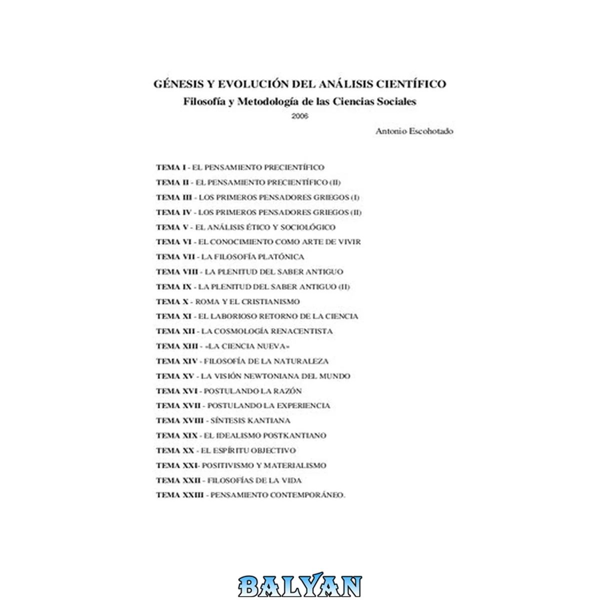 جلد کتاب Génesis y evolución del análisis científico. Filosofía y Metodología de las Ciencias Sociales