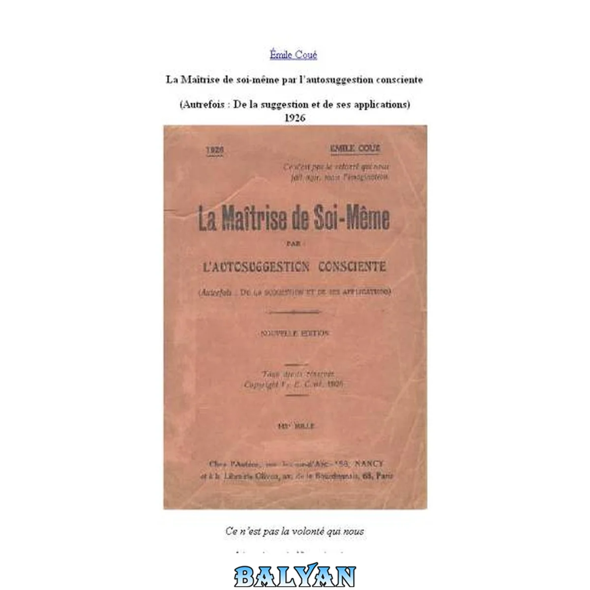 جلد کتاب La Maîtrise de soi-même par l'autosuggestion consciente (1926) stylé