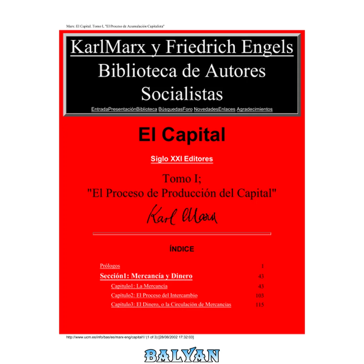 جلد کتاب El Capital - Tomo I; El Proceso de Produccion del Capital