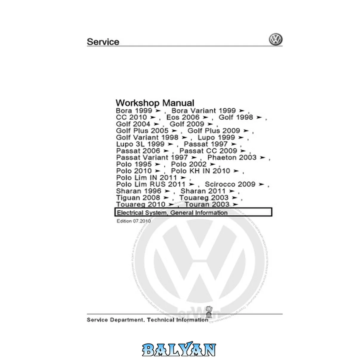 جلد کتاب VW Golf, Bora, Polo, Tiguan ... Electrical System, General Information - Workshop Manual