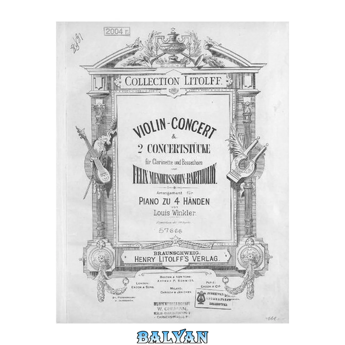 جلد کتاب Violin-Concert &amp; 2 Concertstucke fur Clarinette und Bassethorn v. F. Mendelssohn-Bartholdy